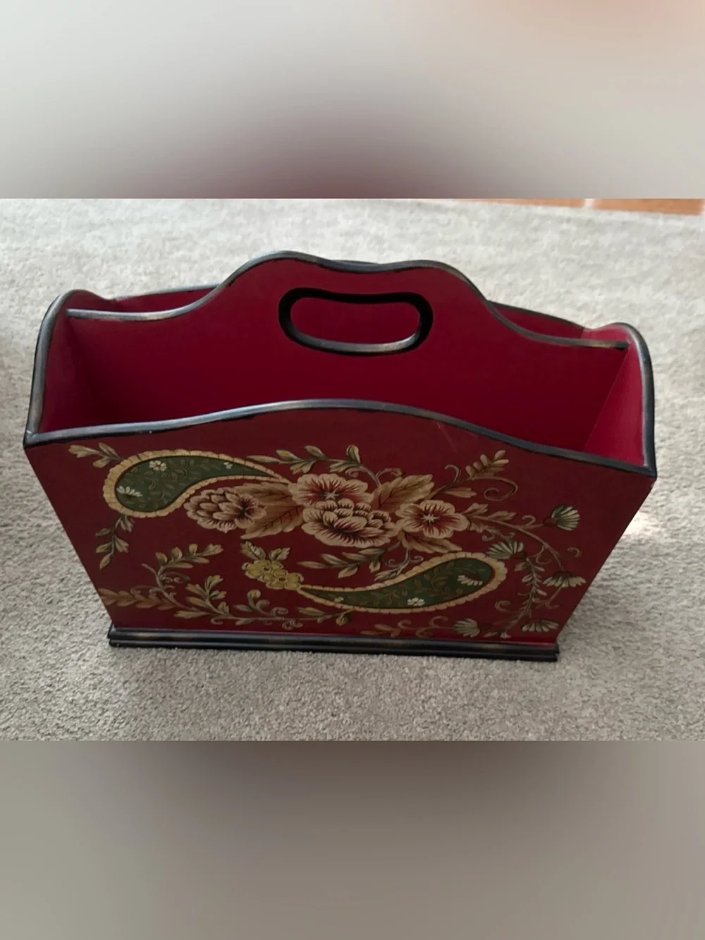 Vintage Style Red Floral Paisley Wooden Magazine Rack Organizer